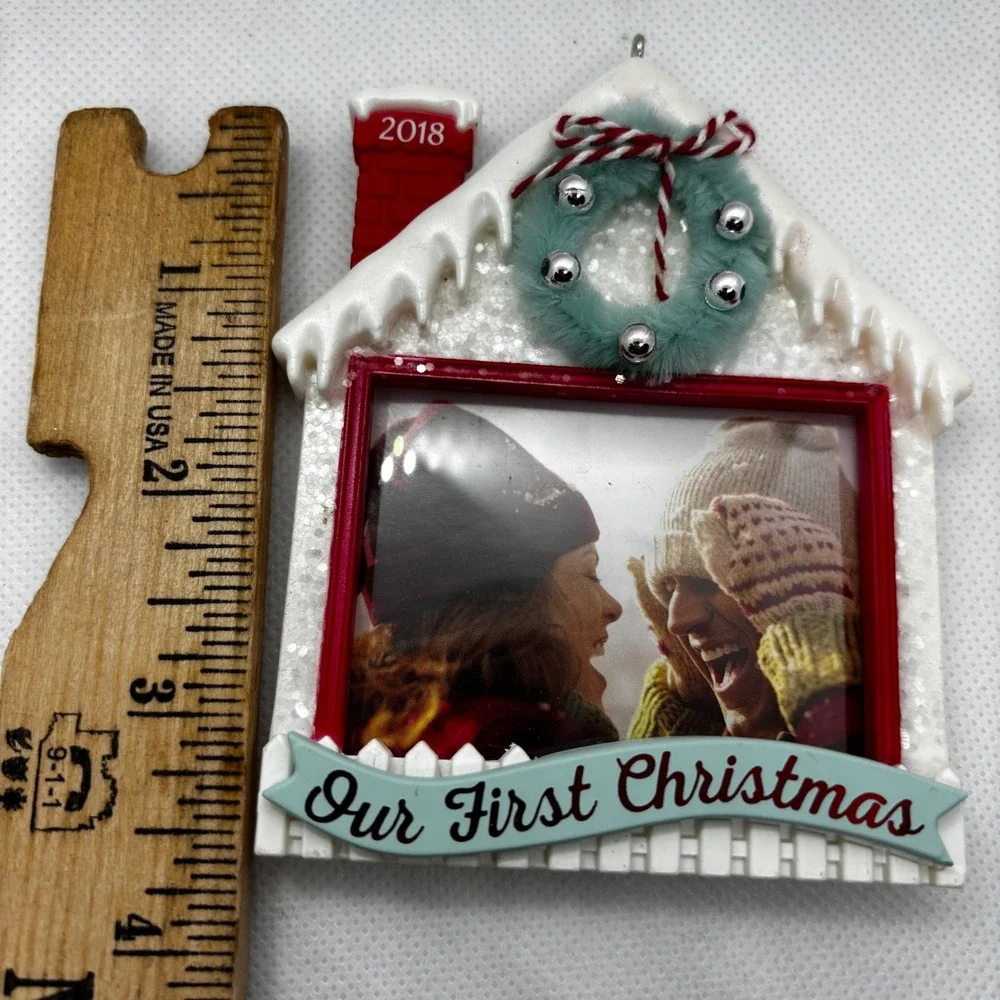 Hallmark Ornament White 2018 Our First Christmas Photo Frame House New